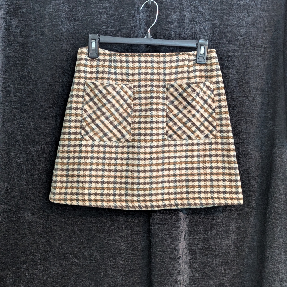 Sage Checkered Mini Skirt - Brown and Cream. Wool Blend. Size Small. Academia.